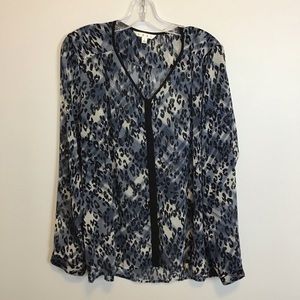 CAbi, sheer Navy animal print, hidden buttons